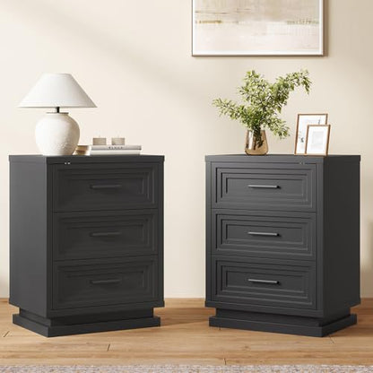 Nightstands Set of 2, Black Night Stand with 3 Drawers, Bedside Table for Bedroom with Metal Handle, Wood Modern End Tables Set of 2 for Bedroom - size: 2 Pieces