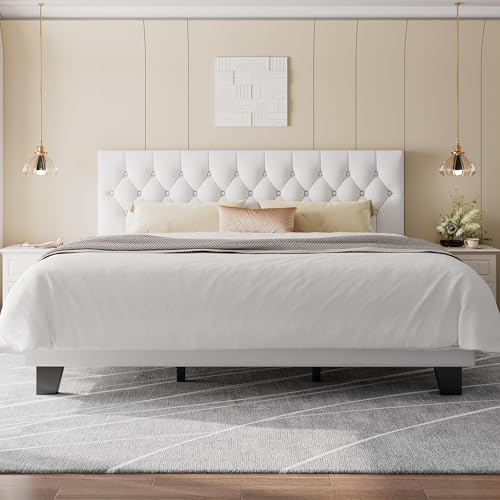 Feonase King Size Velvet Platform Bed Frame, Upholstered Bed with Button Tufted Headboard, Sturdy Wooden Slats & Heavy Duty Feet, No Box Spring Needed, Noise-Free, Easy Assembly, White - color: White, size: King
