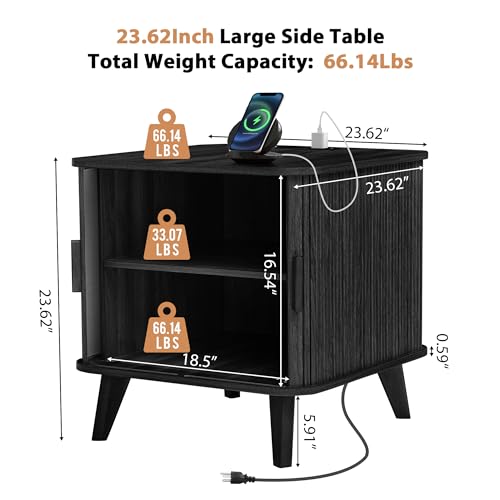 24" Large Square End Table with Charging Station, Farmhouse Fluted Sofa Side Table with Sliding Tambour Door & Storage, Curved Rustic Wood Nightstand for Living Room, Bedroom, Black - color: Black