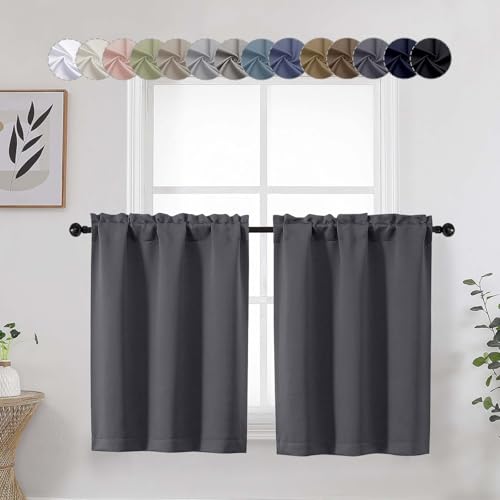 Grey Kitchen Blackout Curtains 30 Inch Length Tier 2 Panels, Soft Solid Thermal Insulated Room Darkening Small Window Curtains for Bathroom Basement, Grey, 2PCS Each 30" Wx30 L - color: Grey, size: 30"W x 30"L (Pack of 2)