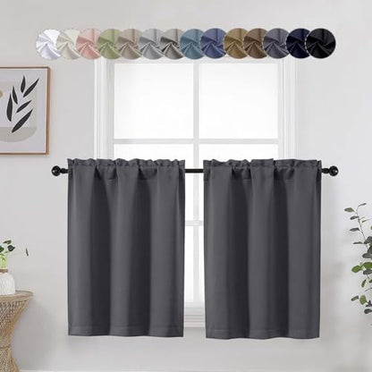 Grey Kitchen Blackout Curtains 30 Inch Length Tier 2 Panels, Soft Solid Thermal Insulated Room Darkening Small Window Curtains for Bathroom Basement, Grey, 2PCS Each 30" Wx30 L - color: Grey, size: 30"W x 30"L (Pack of 2)