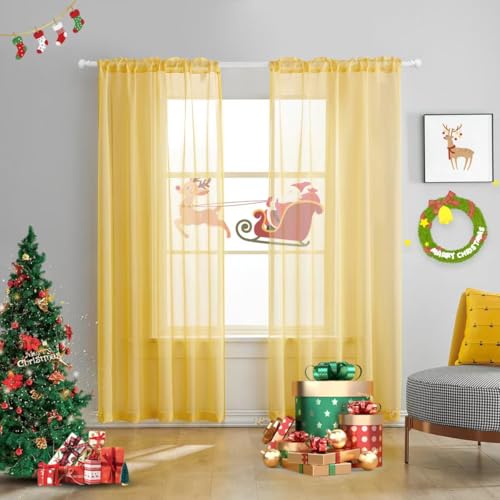 Yellow Sheer Curtains 84 Inches Long Semi Faux Linen Yellow Sheer Curtain 84 for Bedroom Living Room Girls Kids Room Butter Yellow Sheer Curtains 2 Panels 52x84 - color: Butter Yellow, size: 52"W x 84"L (Pack of 2)