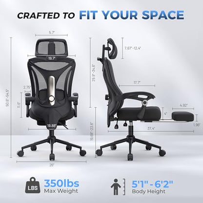 CYKOV Ergonomic Office Chair, Reclining, Footrest, Adjustable Lumbar, 350LB | 4-Way Headrest (4.72" + 60°), 2-Way Lumbar (2" + 1.18"), 90-135° Recline, Breathable Mesh, Gaming & Office, 5-Year Warranty - color: Black