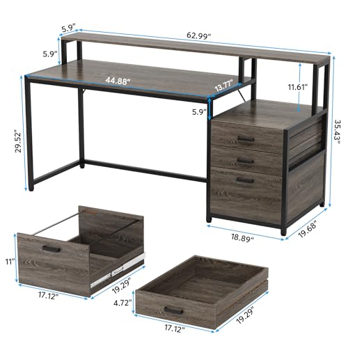 Tribesigns 63 Inch Computer Desk with File Drawer Cabinet, Home Office Desk | Ergonomic Office Desk with Monitor Stand, Industrial Computer Table with Printer Space, PC Table Workstation Desk, Grey - color: Grey