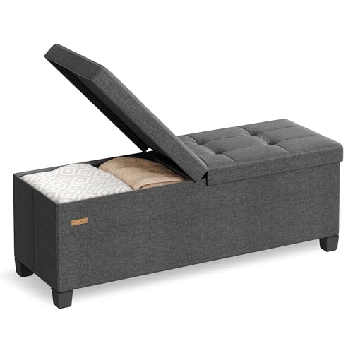 SONGMICS Storage Ottoman Bench with Legs, Folding Ottoman Foot Rest with Flipping Lid, Bench with Storage, for Living Room, Bedroom, Entryway, Linen-Look Fabric, 43.3 Inches, Slate Gray ULSF079GN01 - color: Slate Gray, style: with Flipping Lid
