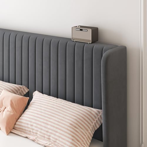 SHA CERLIN Queen Size Velvet Bed Frame, Tufted Wingback Headboard, Grey | 47'' Modern Vertical Channel Headboard, Upholstered Platform Bed, Wood Slats, No Box Spring Needed, Easy Assembly, Noise Free - color: Grey, size: Queen