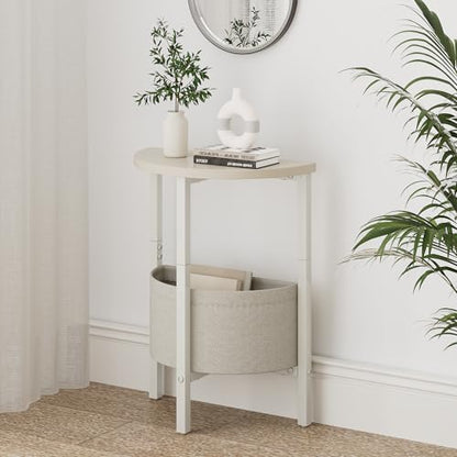 Small Round Side Table End Table, Tall Accent Table with Storage Basket, Set of 2 Half Round Tables Half Moon Tables, Coffee Bedside Tables, Modern Nightstand for Living Room Bedroom, Cream - color: Cream White
