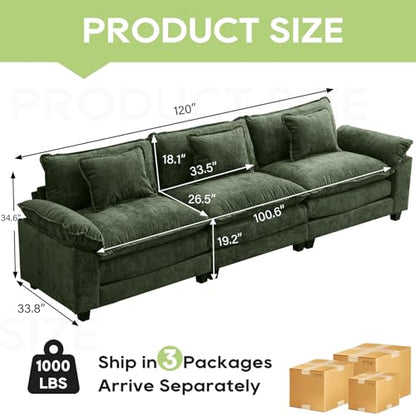 120" Modular Sectional Sofa, Comfy 3 Seater Deep Cloud Couch | Couches for Living Room, Modular Couch, Deep and Wide Seat, Chenille Sofa Sleeper with Throw Pillows, Green - color: Green, size: 120 Inch