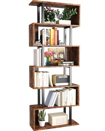 Yusong Geometric Bookcase, S Shaped Bookshelf 6-Tier Book Shelves for Bedroom, Modern Wood Decorative Display Shelf Tall Book Case for Home Office, Brown and Black - color: Brown and Black, size: 27.8"W x 9.3"D x 74"H