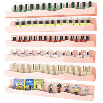 Nail Polish Wall Rack, 6-Shelf 15-Inch Light Pink Acrylic Nail Polish Shelves with Removable Ends – Multi-Purpose Shelf for Essential Oils, Cosmetics Storage and Display for Salons and Bathrooms - color: Light Pink