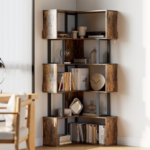 Garvee Corner Bookshelf, 62.6" Tall Metal Wooden Bookcase, Modern Freestanding Corner Shelf with Baffle, 5-Tier L-Shaped Display Rack Storage Organizer for Home Office, Living Room | Modern Freestanding Corner Shelf with Baffle, 5-Tier L-Shaped Display Ra
