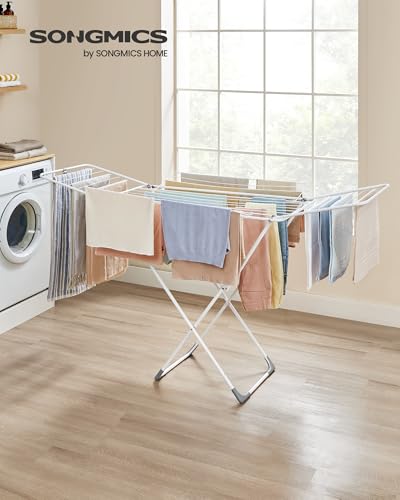 SONGMICS Clothes Drying Rack, Metal Laundry Drying Rack, Foldable, Space-Saving, Free-Standing Airer, with 4 Gullwings, Indoor Outdoor Use, Bed Linen Clothing, White ULLR541W01 - color: White, style: 4 Gullwings（31.7"D)