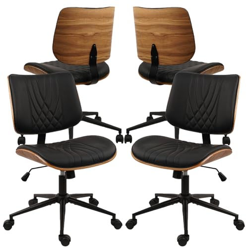 CLATINA Armless Home Office Chair, Desk Chair with Wheels, Adjustable Height Reading Chair, Leather Mid Back & Swivel Computer, Modern Walnut Chairs with Back for Study Meeting Room(Black) 4Pack - color: Black Diamond-a, size: 4 Pack