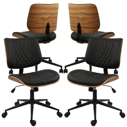 CLATINA Armless Home Office Chair, Desk Chair with Wheels, Adjustable Height Reading Chair, Leather Mid Back & Swivel Computer, Modern Walnut Chairs with Back for Study Meeting Room(Black) 4Pack - color: Black Diamond-a, size: 4 Pack