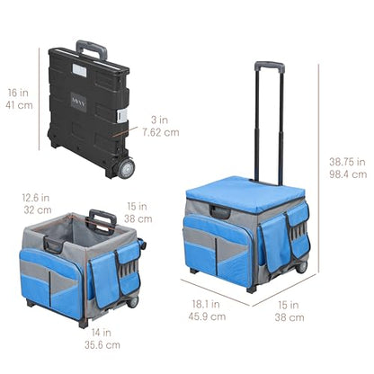 Folding Mobile Utility Cart, Canvas Organizer Bag, Blue/Grey | Durable plastic, 30 compartments, adjustable handle, 40 lb capacity, collapses to 3" thick, rolling wheels for easy transport - color: Blue/Grey