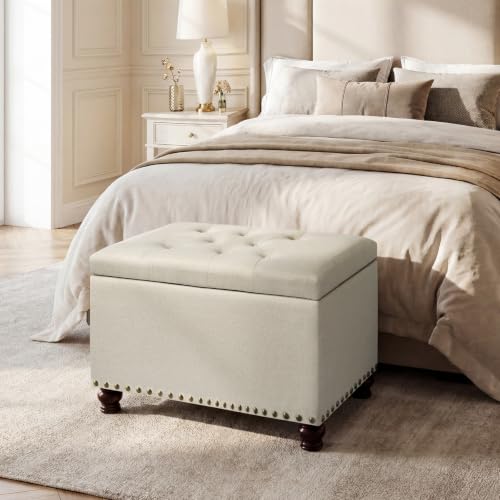 Ottoman with Storage,24" Fabric Ottoman Foot Rest with Hinged Lid Small Rectangle Upholstered Button Tufted Foot Stools Ottomans for Bedroom Living Room Entryway,Beige - color: Beige,bronze Rivets
