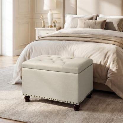 Ottoman with Storage,24" Fabric Ottoman Foot Rest with Hinged Lid Small Rectangle Upholstered Button Tufted Foot Stools Ottomans for Bedroom Living Room Entryway,Beige - color: Beige,bronze Rivets