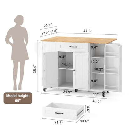 47.6" Kitchen Island with Storage, Drop Leaf, Knife Holder, White | Kitchen Island on Wheels with Door Cabinet, Drawer, Spice Rack, Towel Rack, and Knife Holder for Kitchen Storage - size: 47.6 Inch-White