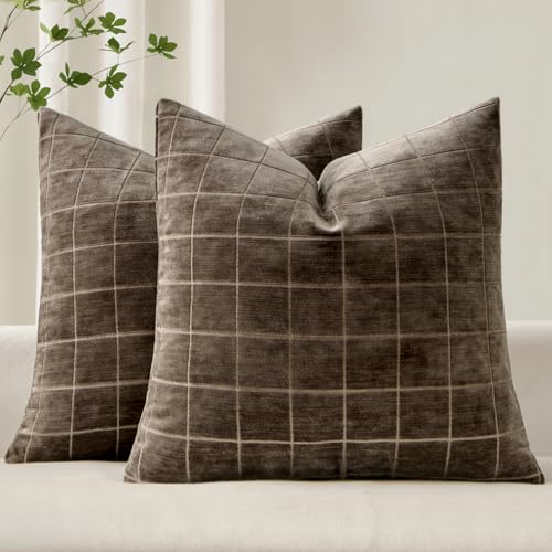 MIULEE Brown Plaid Decorative Fall Throw Pillow Covers 18x18 Set of 2 | Vintage, Check Chenille Couch Pillows, Boho Farmhouse Cushion Covers, Modern Home Decor for Sofa Bed Living Room - color: Brown, size: 18" x 18" (Pack of 2)