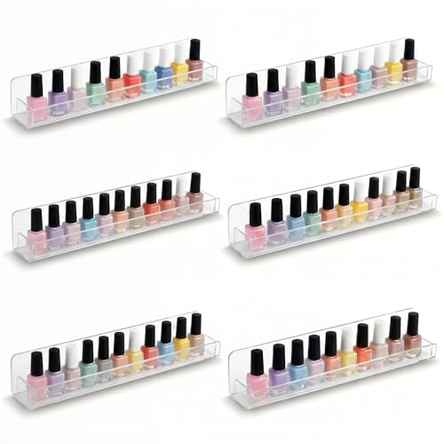 6 Pack Wall Mounted Acrylic Nail Polish Organizer Rack 15 Inch Clear Nail Polish Shelf with Removable Ends Multi-Purpose Shelf for Essential Oils Cosmetics Storage Display for Salon Bathroom - color: Clear
