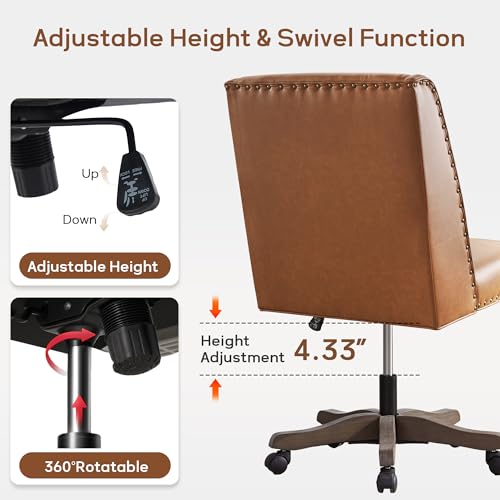 Upholstered Armless Office Chair Faux Leather Swivel Home Desk Office Chair | Modern Comfy Boho Office Chair with Wheels Adjustable Desk Chair no Arms for Sewing Women Farmhouse Study Studio PU Brown - color: Pu Brown