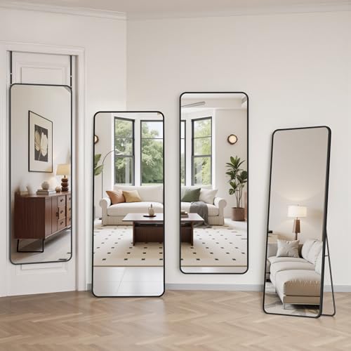 Suidia Full Length Mirror Over the Door&Wall Mounted, 48"x14" Door Mirror with Aluminum Alloy Frame, HD Shatterproof, No-Drill, Hanging Mirrors for Bedroom, Bathroom, Dorm, Closet, Rounded Rect, Black - color: Black, size: 48"L x 14"W, style: Rounded Rect