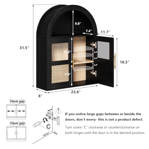 RUSTOWN Arched Bathroom Wall Cabinet with 2 Glass & Rattan Doors | Rattan Medicine Cabinet, Farmhouse Over the Toilet Storage Cabinet, Adjustable Shelves, 3-Tier Wall Mounted Cabinets - color: Rustic Black