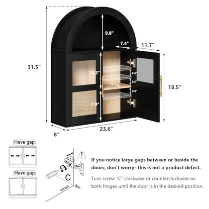 RUSTOWN Arched Bathroom Wall Cabinet with 2 Glass & Rattan Doors | Rattan Medicine Cabinet, Farmhouse Over the Toilet Storage Cabinet, Adjustable Shelves, 3-Tier Wall Mounted Cabinets - color: Rustic Black
