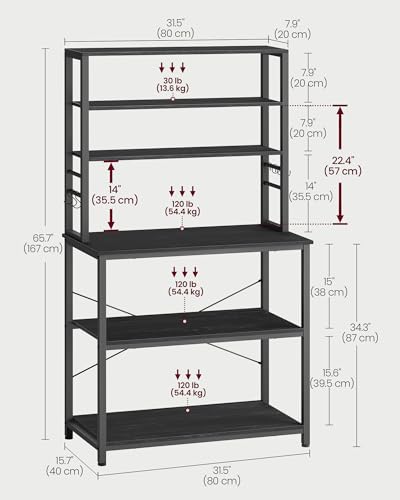 VASAGLE Coffee Bar, 31.5 Inches 6-Tier Baker's Rack with 6 Hooks | Modern Basic Microwave Stand, 31.5 x 15.8 x 65.8 Inches, Charcoal Gray and Ink Black, BARNET Collection UKKS019B22 - color: Charcoal Gray + Ink Black, size: 31.5"W, style: No Power Outlet