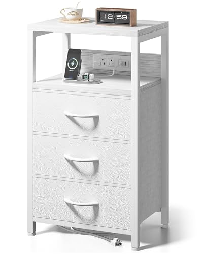 Lazzanto Night Stand with Charger Station, 3 Fabric Drawers, White | Nightstand, Bedside Table, Open Shelf, Built in USB-A, USB-C Port & AC Outlets, For Bedroom, Dorm, Living Room - color: White, size: 3 Drawers