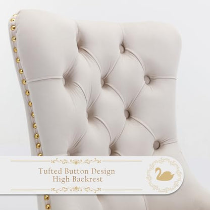 Velvet Upholstered Dining Chairs Set of 6, Modern Style Kitchen Side Chairs with Nailhead Trim and Gold Plated Leg, Metal Pulling Ring for Dining Room Living Room(Beige-Gold Plated Leg) - color: Beige-gold Plated Leg, size: Set of 6
