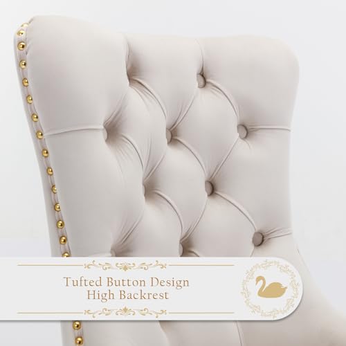 Velvet Upholstered Dining Chairs Set of 8, Modern Style Kitchen Side Chairs with Nailhead Trim and Gold Plated Leg, Metal Pulling Ring for Dining Room Living Room(Beige) - color: Beige-gold Plated Leg, size: Set of 8