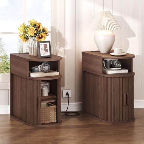 Narrow End Table with Charging Station, Fluted Sofa Side Table with Sliding Curved Door and Storage Shelf, Mid-Century Bedside Table, Modern Nightstand for Living Room, Bedroom, Walnut - color: Walnut