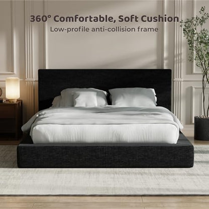 RECCI AirFrame Queen Upholstered Bed Frame with Plush Padded Headboard | Plush Padded Headboard, 360° Soft Foam Surround, Low Profile Cloud Bed Frame, No Box Spring Required, Easy Assembly - color: Onyx Black, size: Queen