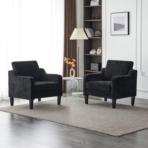 VINGLI Chair Black Upholstered Chenille Accent Chair for Living Room, Bedroom, Mid-Century Modern Arm Chair Comfy Reading Chair with Scooped Arms - color: Black
