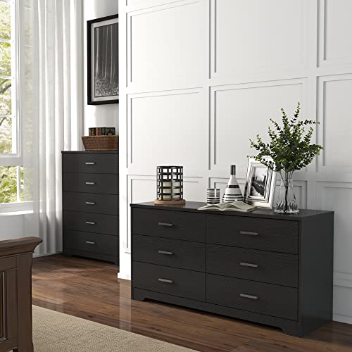 Panana Wooden 5/6 Drawer Dresser, Wide Modern Chest of Drawers, Organizer with Storage Drawers for Living Room Bedroom Hallway Closet (Black, 6 Drawers) - color: Black