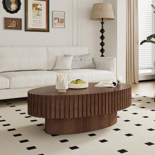 Oval Drum Fluted Coffee Table (C) | Modern Wood Coffee Table with Circle Pedestal Center Tables Fluted Accent Tea Tables for Apartment Living Room - color: C