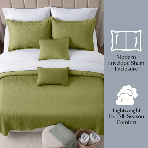 Clara Clark Quilts Twin Size - All Season Bedspread Coverlet Set, Pinsonic Weave Lightweight Bedding Set - 5 Piece Twin Quilt Set with Pillow Shams, Olive Green - Twin Ellipse - color: 41 – Olive Green – Ellipse, size: Twin