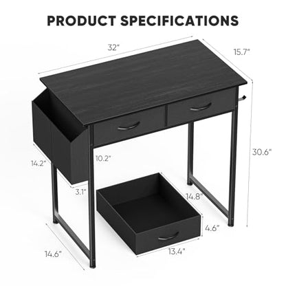 DUMOS 32" Home Office Computer Desk with Drawers, Small Gaming Writing Study Table with Storage Side Bag, Headphone Hook and Adjustable Feet for Bedroom Black | Home Office Desk with Side Bag for Bedroom, Gaming Writing Study Desk with Adjustable Feet - c