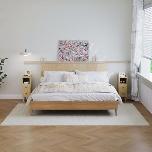 Nightstands Set of 2,Night Stand Bed Side Table with Storage Space,Wooden Bedside Table with Open Shelf,2 Drawers,End Table with Solid Wood Feet for Bedroom,College Dorm,Entryway (Natural) - color: Natural