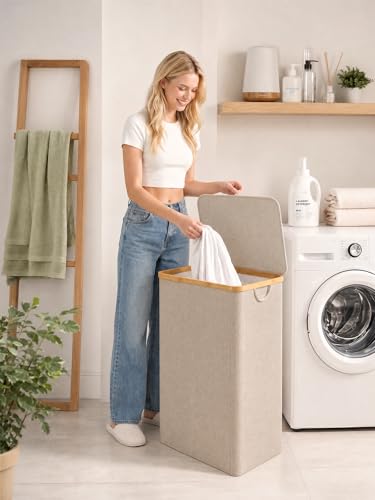 IEGrow Laundry Hamper with Lid,110L Laundry Basket with Mesh Bags,Oatmeal | Dirty Clothes Hamper Basket with Bamboo Handle for Clothes Towels - color: Oatmeal, size: 110L
