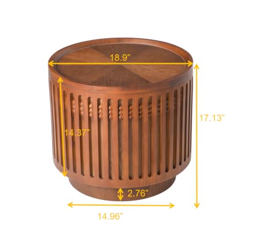 18.9" Round Side Table with Hidden Storage, Wooden End Table | Mid-Century Modern Small Coffee Table with Grille Solid Wood Effect, Boho Table for Living Room,Bedroom,Walnut - color: A-18.9" Round Side Table