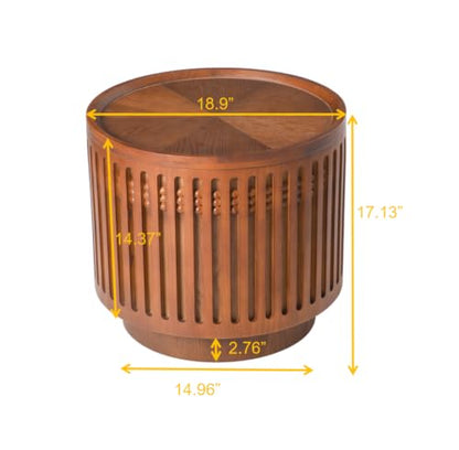 18.9" Round Side Table with Hidden Storage, Wooden End Table | Mid-Century Modern Small Coffee Table with Grille Solid Wood Effect, Boho Table for Living Room,Bedroom,Walnut - color: A-18.9" Round Side Table