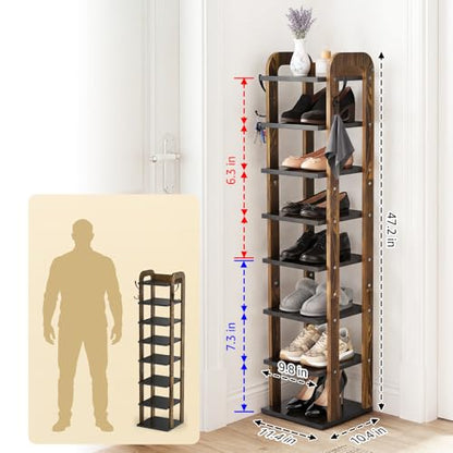 Wooden 8 Tiers Vertical Shoe Rack | Shoe Storage with Hooks, Shoe Organizer for Small Spaces, Space Saving for Entryway, Closet, Living Room, Bedroom, Front Door