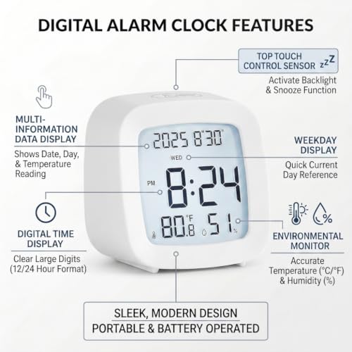 Digital Alarm Clock with Backlight, Snooze, Temp & Humidity Display,White | Time, Date & Weekday Temperature & Humidity Touch Backlight 5-Minute Snooze,Battery Operation Long Battery Life
