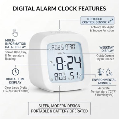 Digital Alarm Clock with Backlight, Snooze, Temp & Humidity Display,White | Time, Date & Weekday Temperature & Humidity Touch Backlight 5-Minute Snooze,Battery Operation Long Battery Life