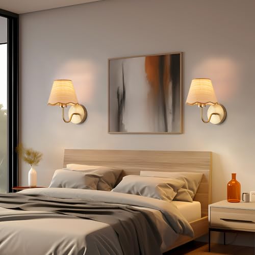 ADISUN Wall Sconce Set of 2, Gold Plug in Wall Lamps for Living Room, Hardwired. Rattan Shade Wall Lights for Bedroom Living Room Hallway Kitchen - color: Gold, 10inch