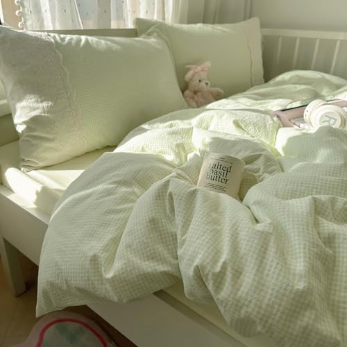 mixinni Green Gingham Duvet Cover Twin Size - 3 Piece Cottagecore Plaid Bedding Set with Lace Trim, Soft Washed Microfiber Vintage Aesthetic Grid Comforter Cover & Pillow Shams, (Green White Gingham) - color: 03 - Green Gingham, size: Twin(68" x 86")