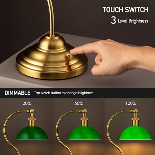 O'Bright Bankers - Cordless LED Table Lamp, Battery-Operated, Rechargeable, 3-Level Dimming, Universal USB-C Charging, 180° Swivel Head, Classic Green Glass Shade, Antique Brass - color: Antique Brass-Green Glass