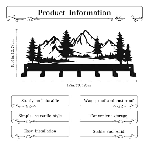 Key Holder Wall Mounted Key Hooks, Black Metal Key Rack Hooks, The Great Grove, Mountain Theme Wall Decoration Hooks, with 7 Hooks, Applicable to Front Doors, Lobby,Corridor, Offices (12 ")